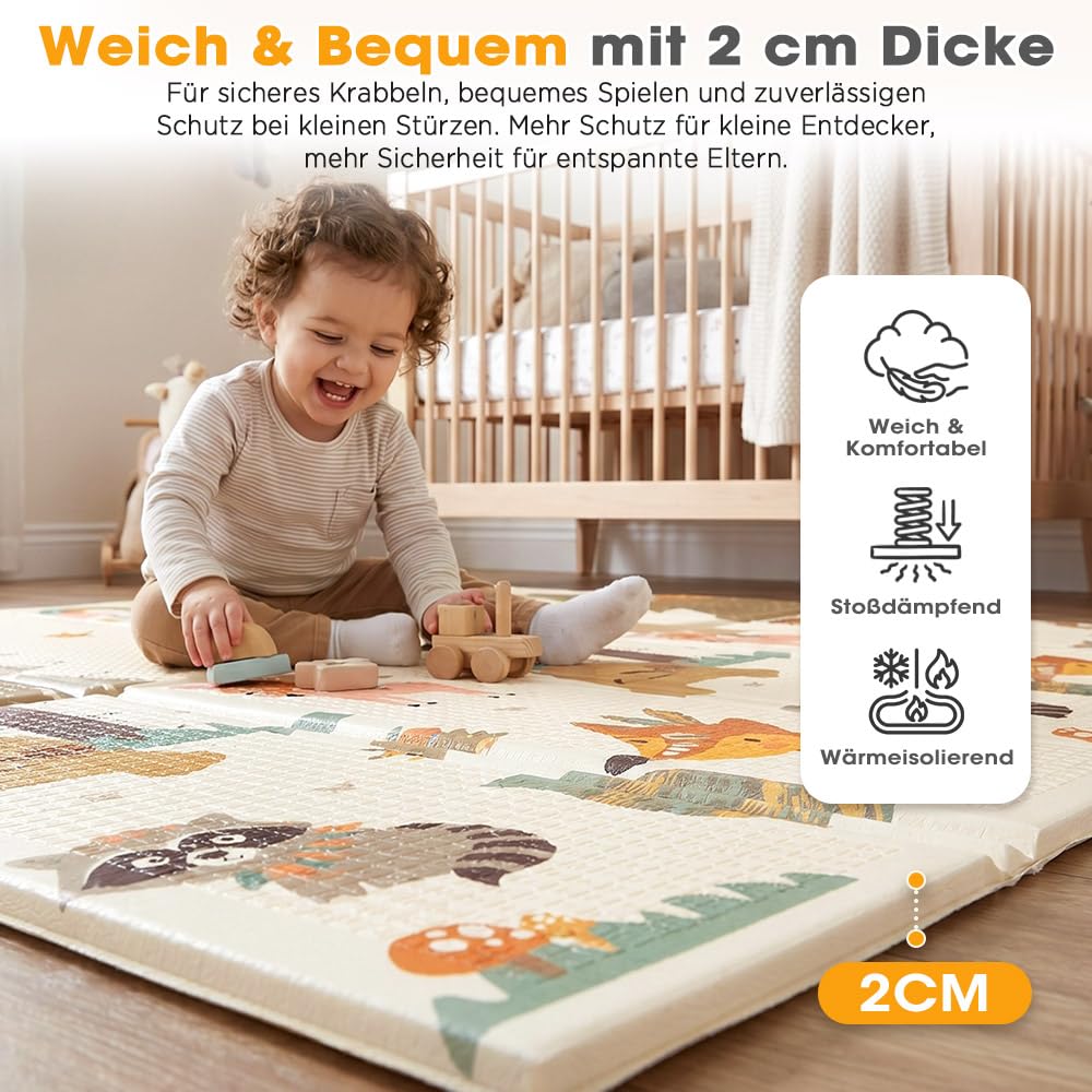 PlayPals Krabbelmatte für Babys, Baby Spielmatte, Krabbeldecke Baby, 2 cm Dicke Spielmatte, Beidseitig Verwendbar, Faltbar, Wasserdicht, Rutschfest, 200x180 cm, mit Aufbewahrungstasche, Wald | Krabbeldecke Extra Groß und Dick, Faltbar, Wasserdicht, Rutsch
