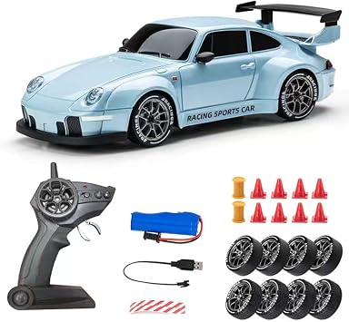 RC Drift Car, 124 Scale Remote Control Vehicle with LED Lights, 2.4GHz 4WD High Speed RC Cars, Drifting Tires Two Speed Modes, Racing Sports Toy Gift for Adults Boys Girls Light blue