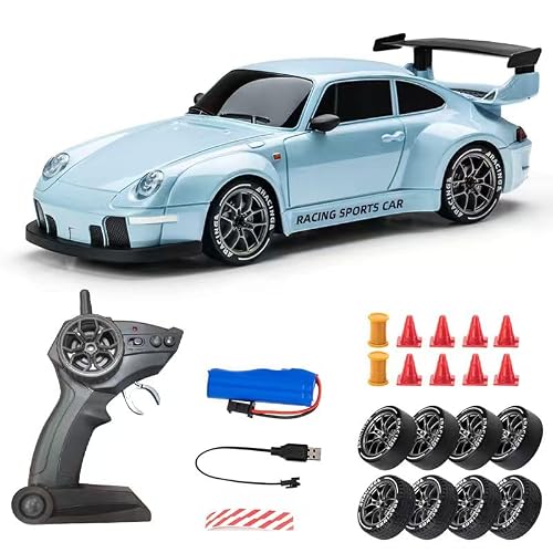 Image of RC Drift Car, 1:24 Scale Remote Control Vehicle with LED Lights, 2.4GHz 4WD High Speed RC Cars, Drifting Tires＆Two Speed Modes, Racing Sports Toy Gift for Adults Boys Girls (Light blue)