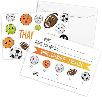 QOFO Basketball Football Sports Fill in the Blank Thank You Cards,Gender Neutral Thank You Notes,For Boys Birthday Party,Event,or Holiday Use,Thank You Notes with Envelopes Set of 25-GXK12