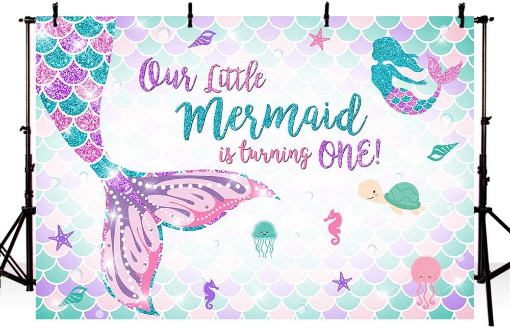 7x5ft Mermaid One Birthday Photography Backdrop Under Sea Girl Princess 1st Birthday Party Decoration Mermaid Tail Purple Pink Teal Sparkle Glitter Photo Studio Background Banner