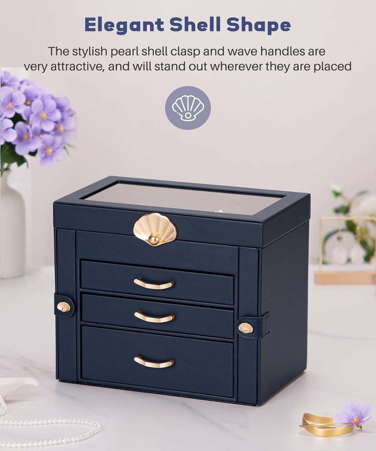 Jewelry Box with 3 Drawers: Display Organizer for Earrings Necklaces - Gifts for Girls Women (Dark Blue) - Image 3