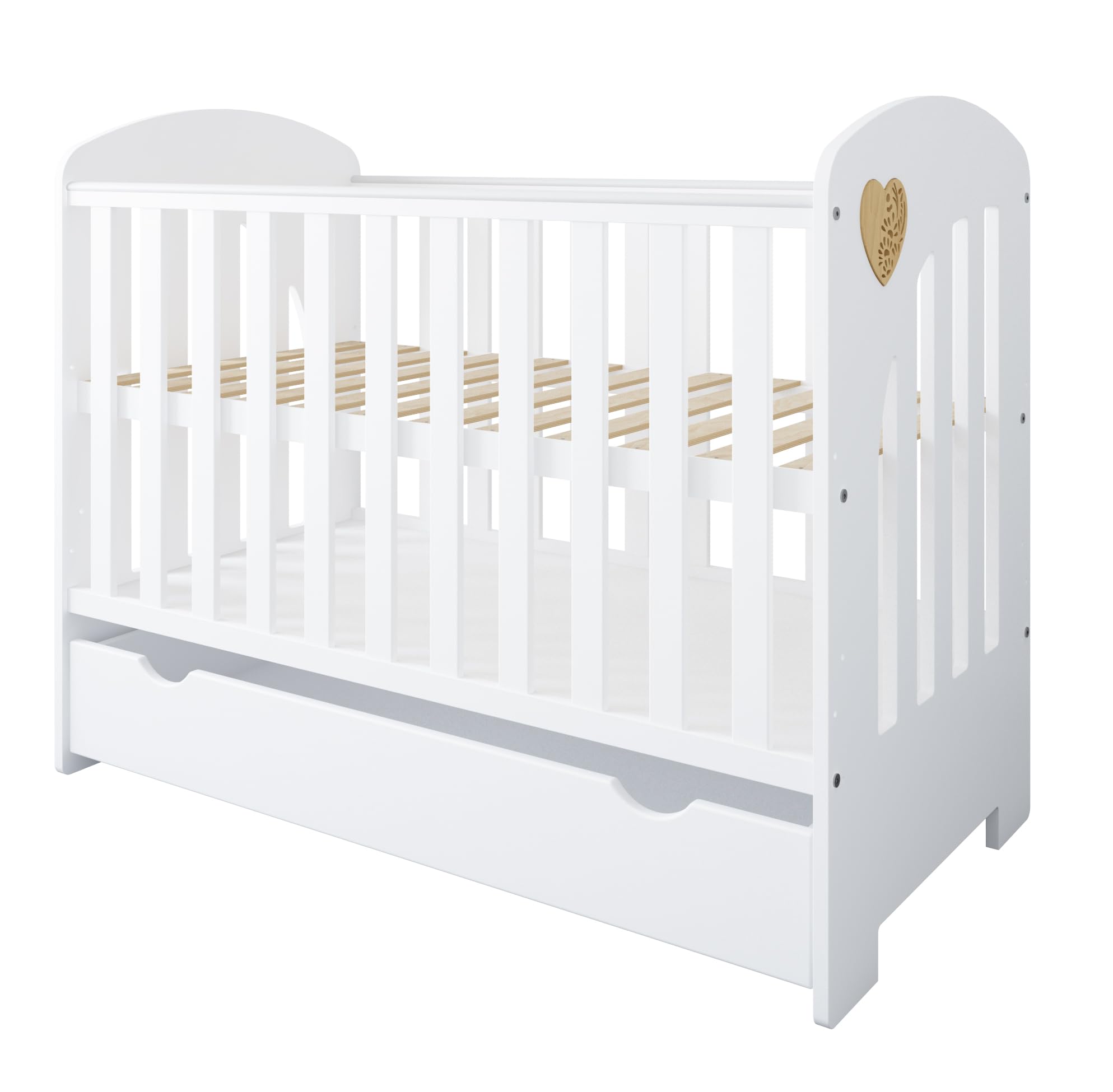 zee Heart Set Habitación Bebé Blanco 2 en 1, Cuna 120x60 cm con Cajón Convertible en Cama Infantil, Cómoda Cambiador con Cambiador, Diseño Escandinavo, Corazón Natural