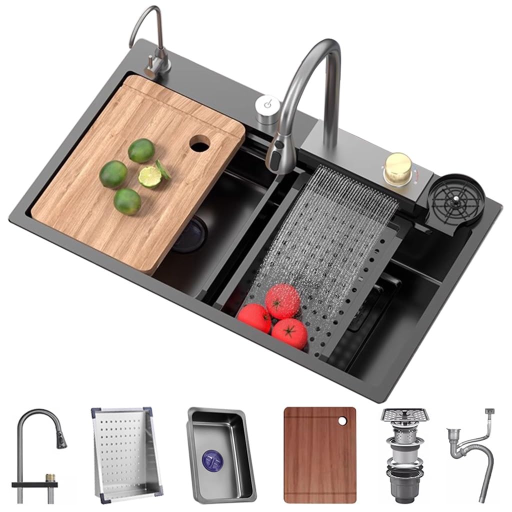 ZQFHSX Stainless Steel Waterfall Sink Single Bowl Bar Kitchen Set Nano-Coated Workstation With Pull-Out Faucet Pressurized Cup Washer (Size : 68x45x22cm)