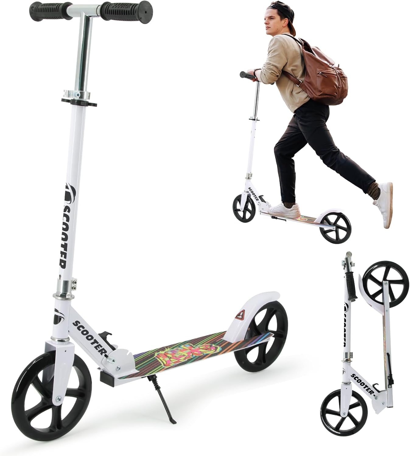 Foldable Kick Scooters for Kids 8-12, 8" Wheels with Shock Absorption, 4-Level Adjustable Height, 240 lbs Capacity, Rear Brakes & Lightweight Design for Commuting, School & Park Rides, White