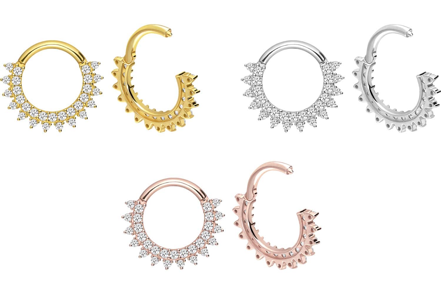 PIERCINGLINE 750er Gold Segmentring Clicker | 18 KARAT | EINGEFASSTE KRISTALLE mit SPITZEN | Piercing Ring Nase Septum Ohr Helix | Farbauswahl