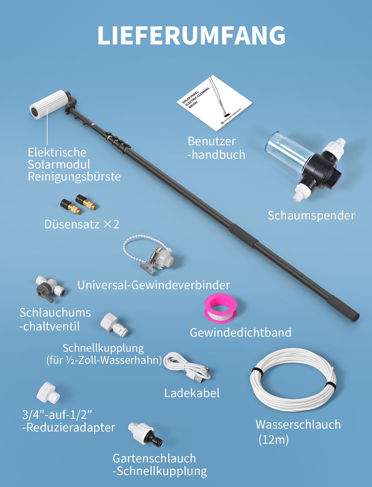 Elektrische Teleskop Waschbürste mit Teleskopstiel Reinigungsbürsten Set | mit 6.2m ausziehbarer Teleskopstange, 12m Wasserrohr Fensterreinigung für PV Anlagen, Fenster, Terrassendächer, Wintergärten