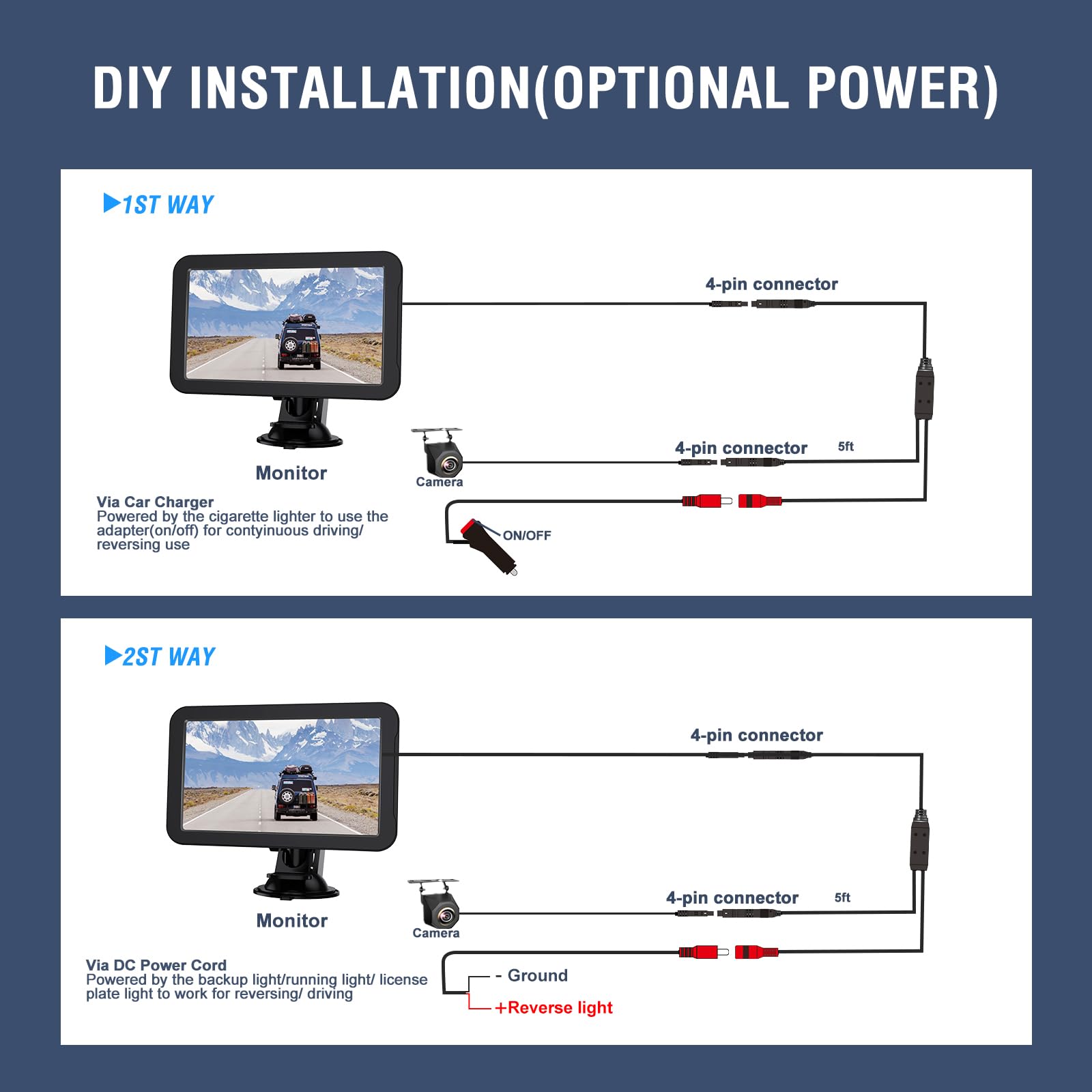 PARKVISION Rückfahrkamera Set 7" Monitor, Kabel, 12V, PKW SUV Pick-up | Plug & Play: Strom via Zigarettenanzünder oder Rückfahrscheinwerfer