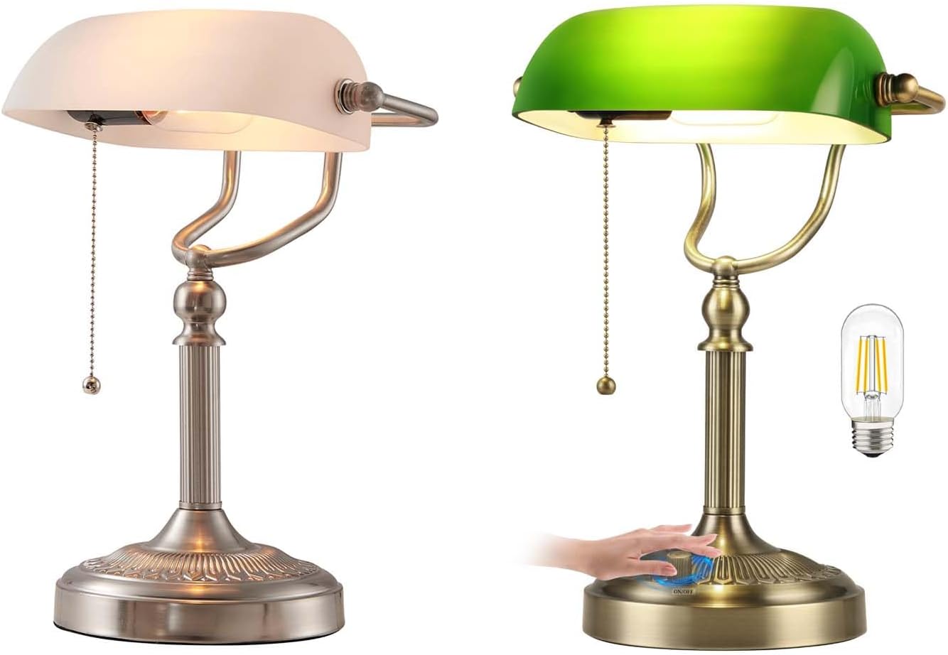 Newrays White Matted Glass Bankers Desk Lamp & Dimmable Green Glass Bankers Desk Lamp