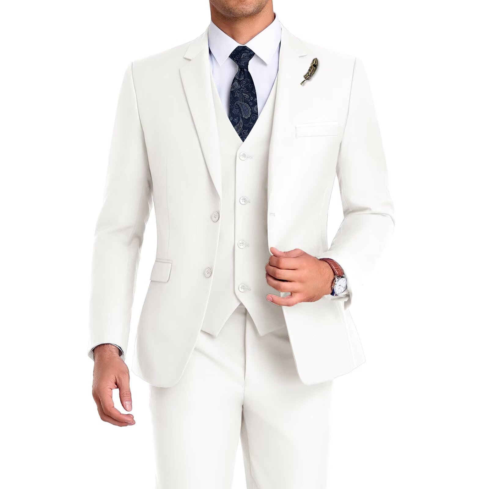 High-End Suits Men Suit 3 Pieces Slim Fit, 2 Button Wedding Suit Prom Suit for Men Business Suit Jacket Vest Pant and Tie, Ivory, S