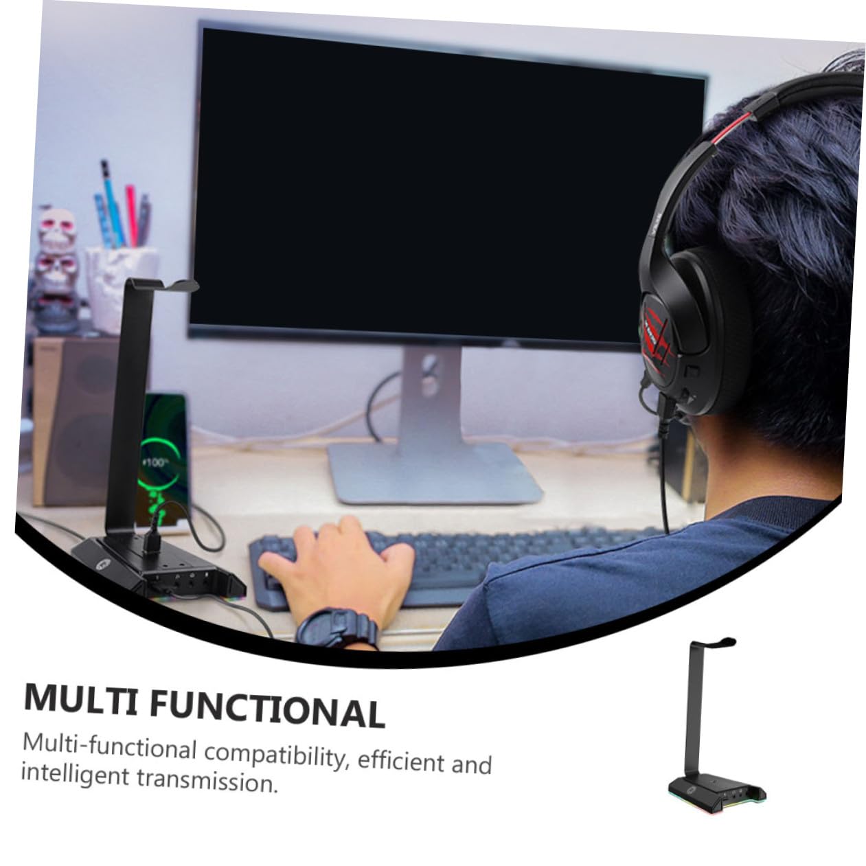 ABOOFAN Soporte para Auriculares de Sobremesa Negro Abs para Ordenador | USB Interfaz de Carga, Transmisión Inteligente, Diseño Rgb para Escritorio Gaming