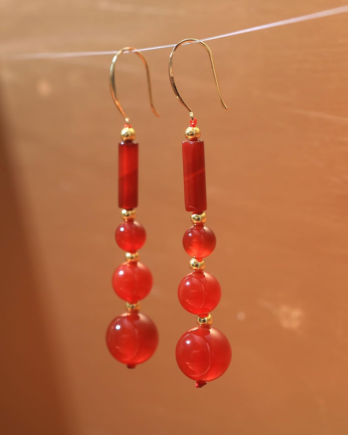 925 Sterling Silver Gold Plated Red Agate Handmade Earrings Column Crystals Cylinder Good Luck Jewelry Dangle Earrings for Women Trendy - Image 4