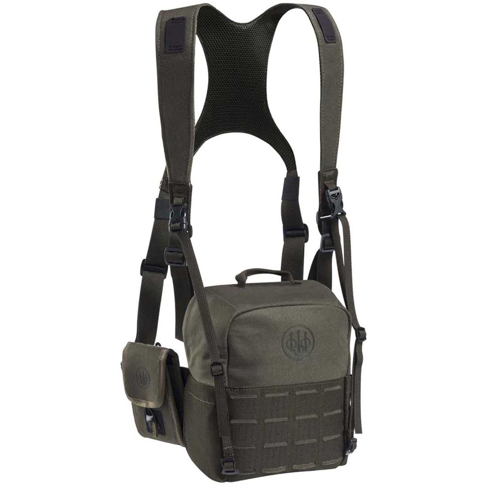 Beretta Modular Binocular Harness - Secure Durable Outdoor Hunting Hiking Shooting Bino Chest Pack with Laser-Cut MOLLE Panels & Rangefinder Pocket | Holds 10x42 & 8x56 Binoculars, Green Moss