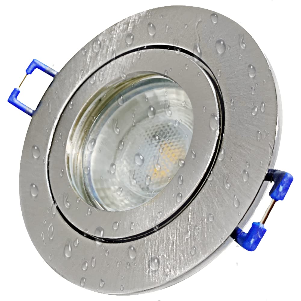 LED Decken Einbauspots 5er Set –, IP44, Feuchträume, Niederspannung 12V, 400 Lumen, Warmweiß, 5W, Rund, inkl. Netzteil & 120cm Zuleitung mit AMP Stecker. Bad, Dusche, Küche, überdachter Aussenbereich
