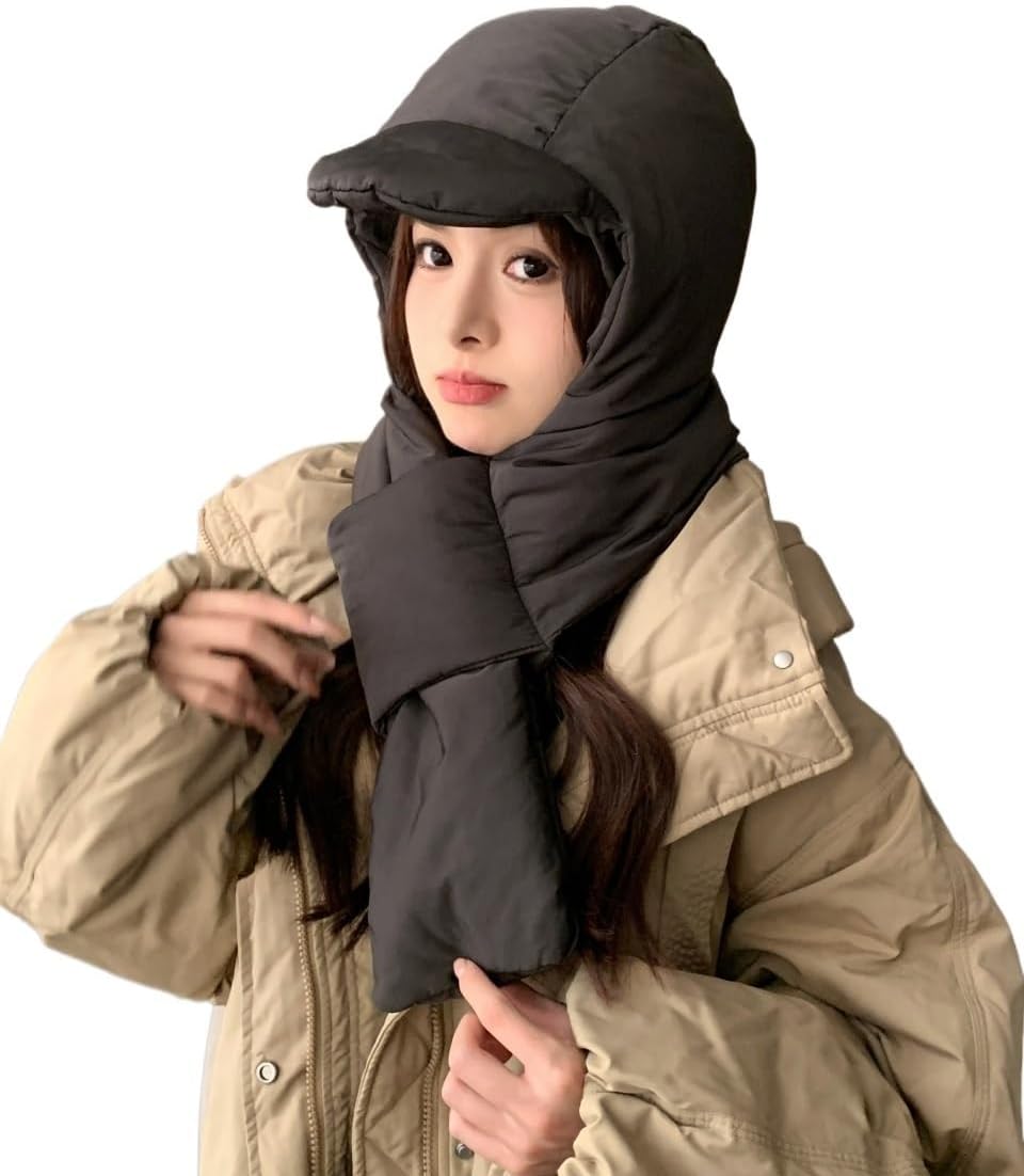 2024 Winter Down Cotton Hat Set - Windproof Hooded Scarf, Soft Warm Balaclava Beanie Cap for Men and Women (Grey, Light Gray, Black)