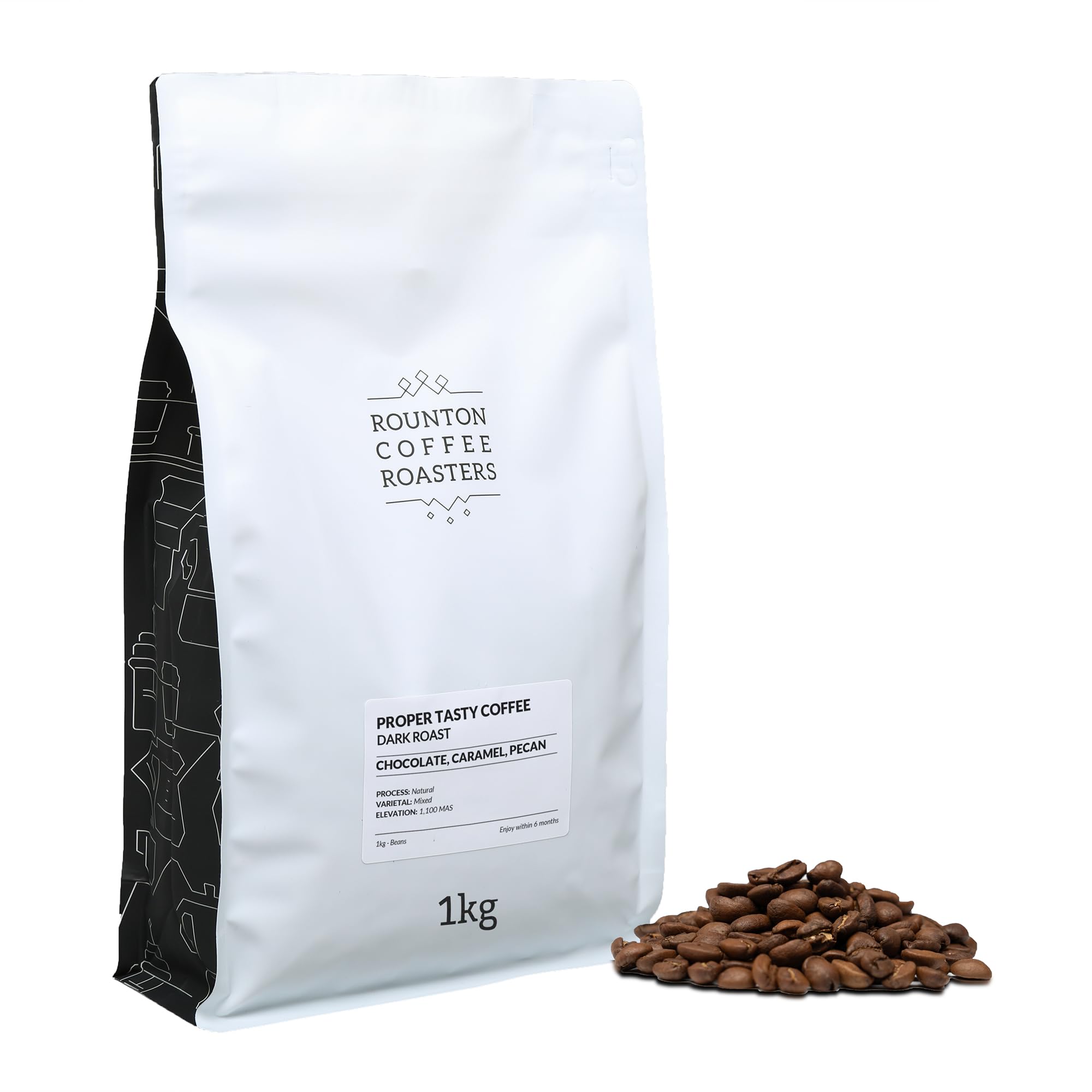 Roasters | Proper Tasty Coffee | Dark Roast 1kg | Fresh 100% Arabica Espresso Beans | Notes of Chocolate, Caramel & Pecan | Intensity 5/5 | Smooth All-Day Coffee