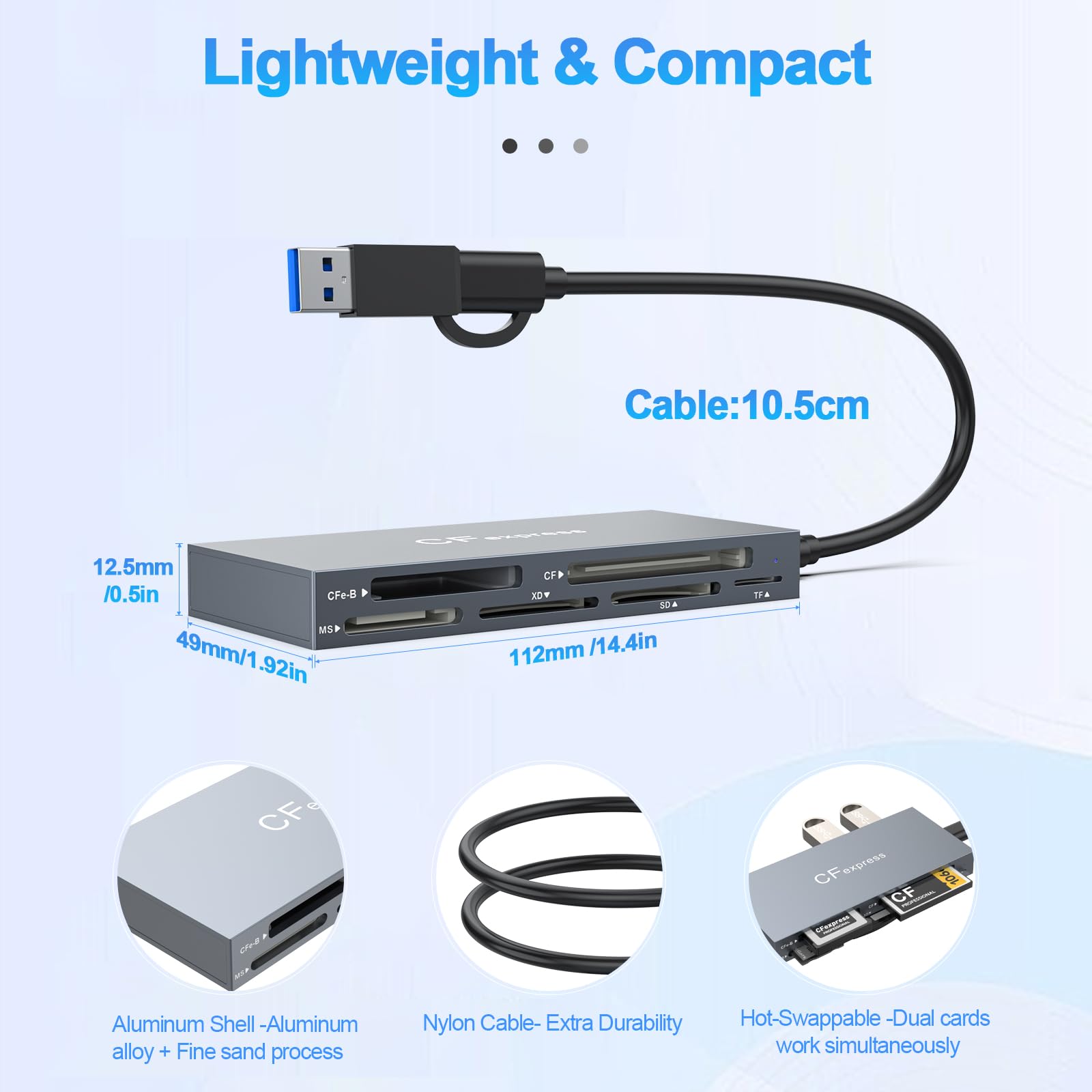 Multi 8 en 1 USB C/USB A para lector de tarjetas CFexpress tipo B, adaptador CFexpress de 10 Gbps para tarjeta tipo B/CF/XD/MS/TF/SD con Windows/Mac/Linux/Android, para iPhone 16/15, iPad Pro/Samsung