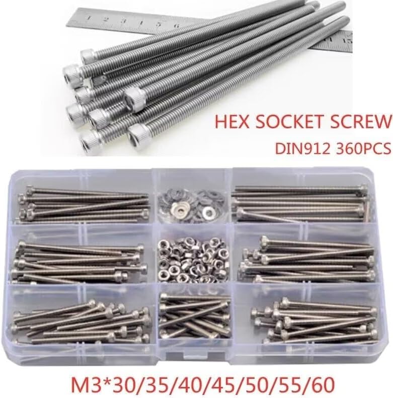 360Pcs/set Hex Hexagon Socket Cap Head Screws Set Stainless Steel M3 Extension Screw Allen Head Bolt with Nut Washers Assortment Kit