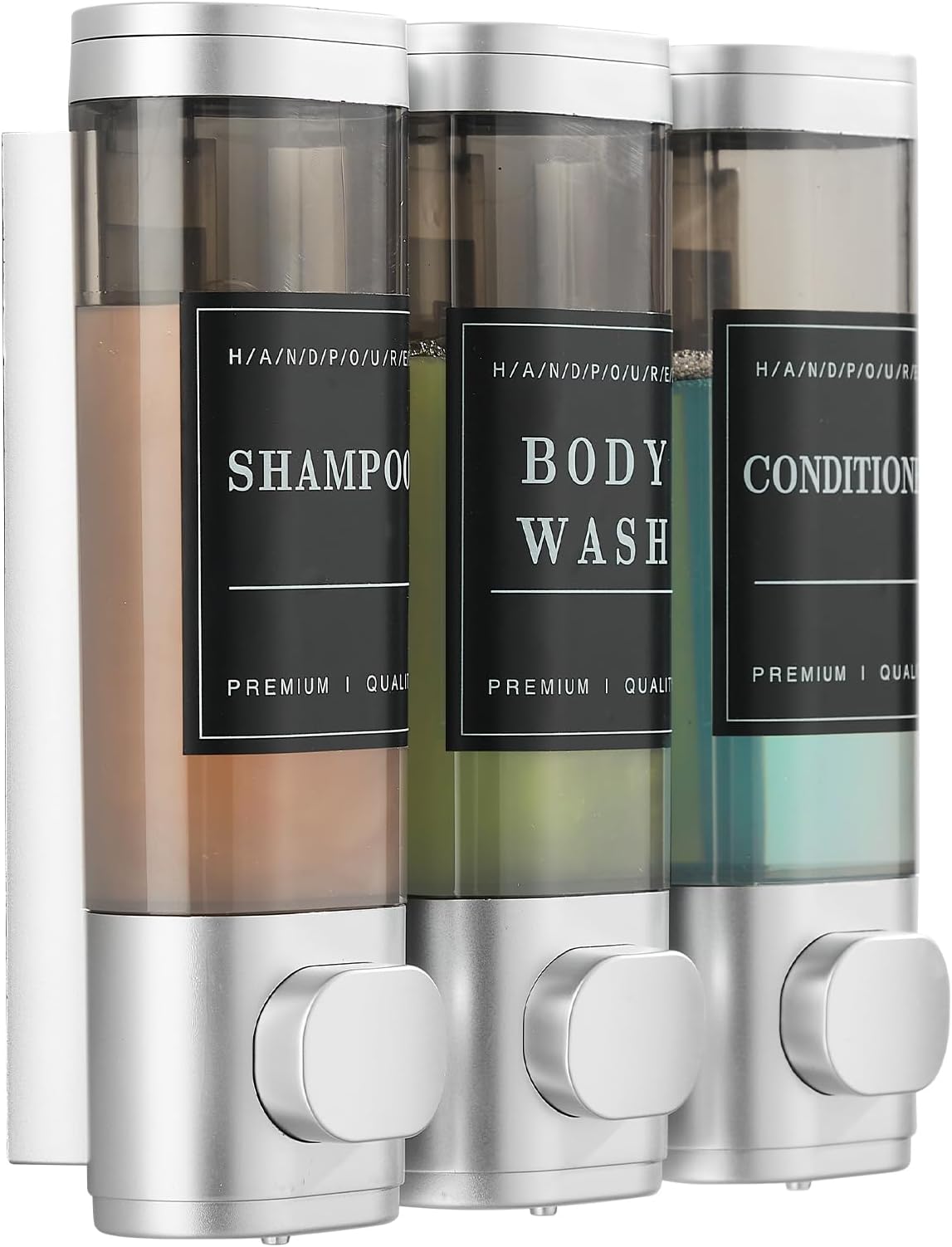 - Shower Soap Dispenser Wall Mounted No Drill Shampoo Dispenser for Shower Wall Shampoo and Conditioner Dispenser Bathroom Hotel 3 * 300ml Sliver with Labels