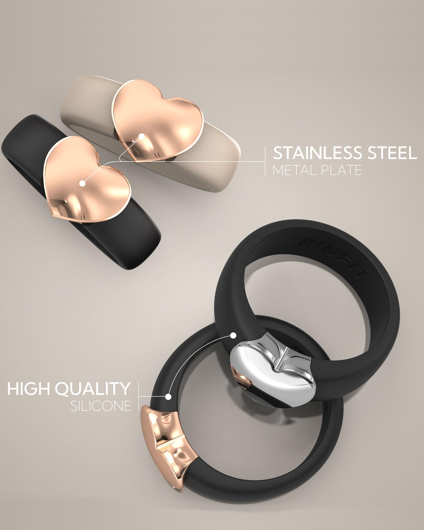 Rinfit Womens Silicone Wedding Ring with Stainless Steel Heart - Rubber Bands - Patented Design
