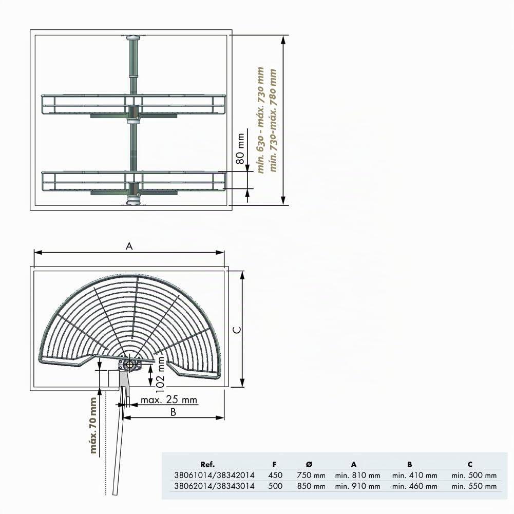 Kit de 2 bandejas giratorias 180º de Rejilla para Mueble de Cocina rinconero - Mueble esquinero de Cocina - Ancho Puerta 500mm / Alto Producto 630-730mm