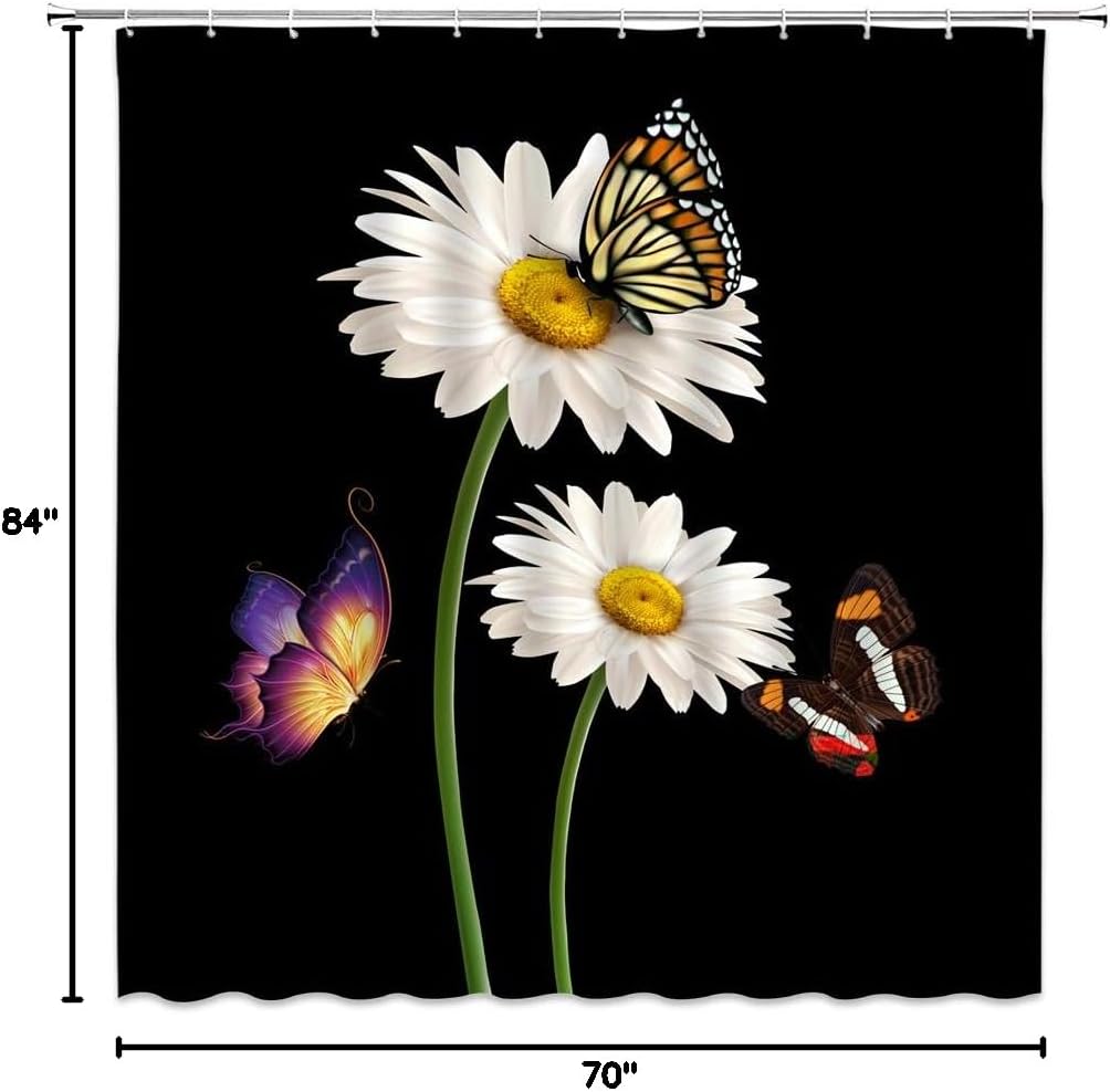 Rustic Daisy Shower Curtain Farmhouse White Daisy Flower Butterfly Black Background Farm Spring Flower Nature Botanical Retro Countryside Bathroom Decor Fabric Curtain with Hooks