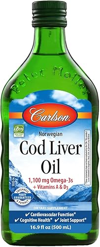 Carlson - Aceite de hígado de bacalao 1100 mg de omega-3s  A y D3 aceite de hígado de bacalao noruego capturado en la naturaleza líquido de aceite