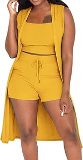 Conjunto de 3 pantalones para mujer, estilo casual, elástico, de color sólido, acanalado, sin mangas, chaleco y pantalones cortos, trajes de baño sexy para mujer