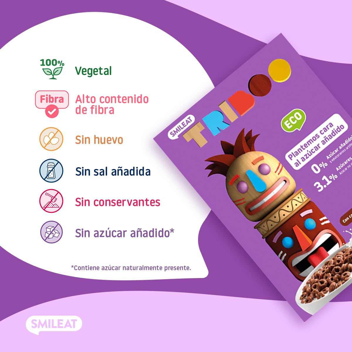 Smileat - Cereal TRIBOO Sabor a Cacao - Snack para peques - Sin Azúcar ni Sal Añadidos - Ecológico y 100% Vegetal - Textura Crunchy - Ideal con Leche o Yogur - 300g