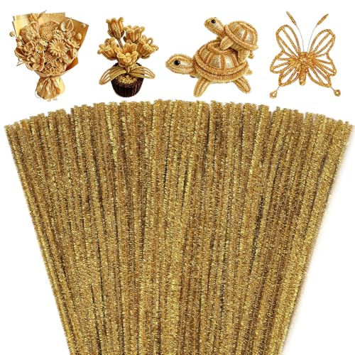 Mnuizu 200 Pcs Pipe Cleaners Glitter Pipe Cleaners Fluffy Bulk Pipe Cleaner Supplies for DIY Art Craft Flowers Making Festival Decorations Glitter Gold
