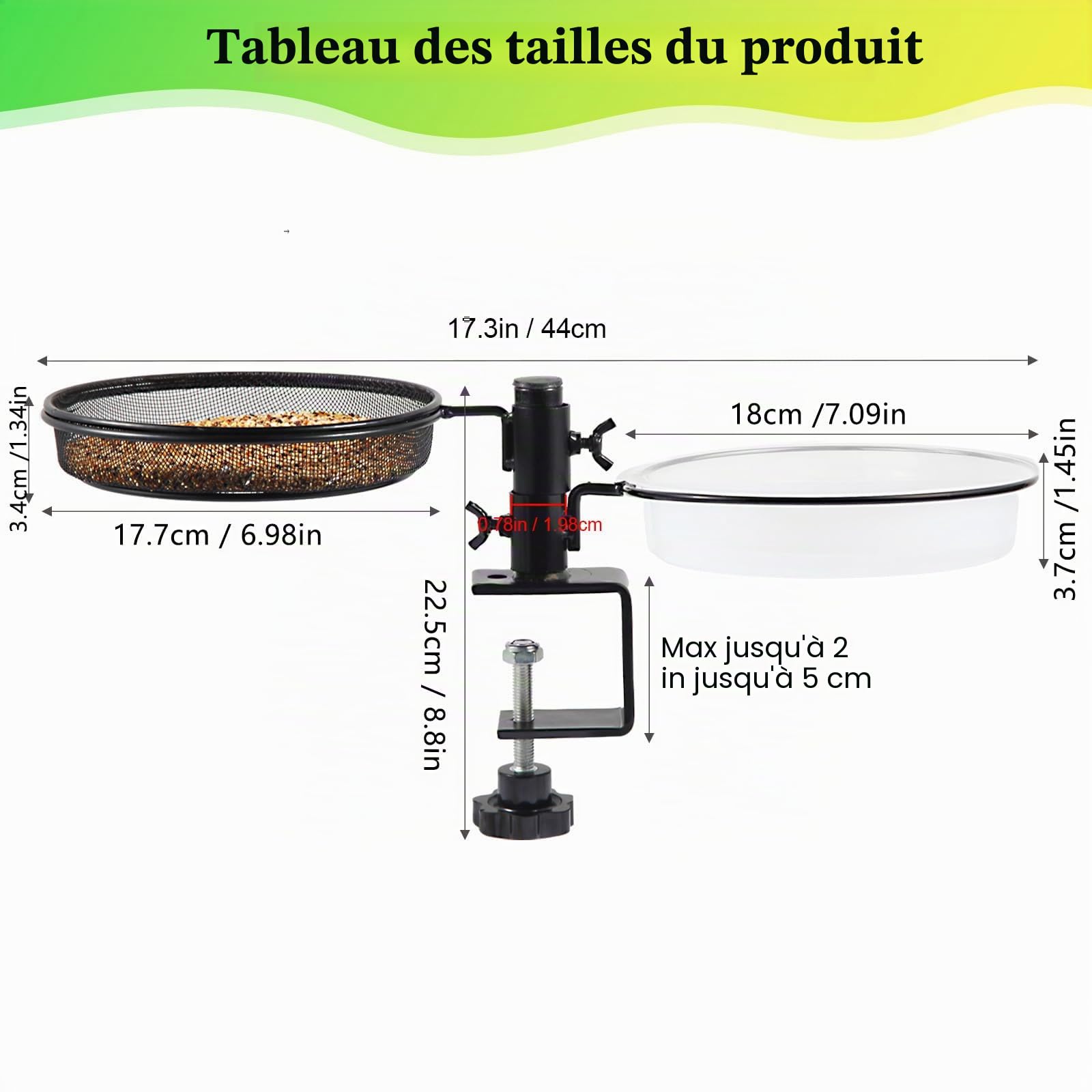 HRAYLTOP Mangeoire à Oiseaux avec Plateau en Maille Métallique et Bol d'Eau - Support de Serrage Robuste Amovible et Réglable - Idéale pour Attirer les Oiseaux