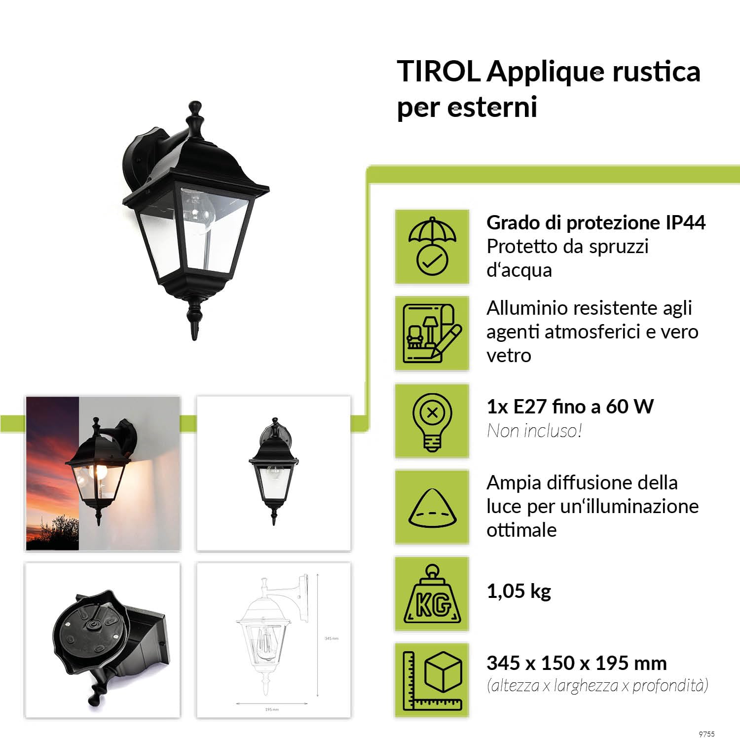 Applique da esterno in vetro alluminio nero IP44 da esterno L:15 cm E27 a sospensione lanterna da parete country house terrazza giardino TIROL