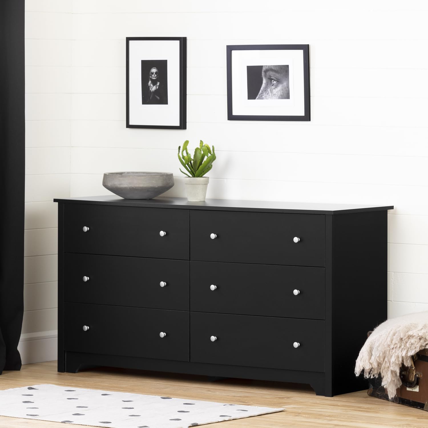 South Shore Vito Collection 6-Drawer Double Dresser, Black with Matte Nickel Handles, Pure Black
