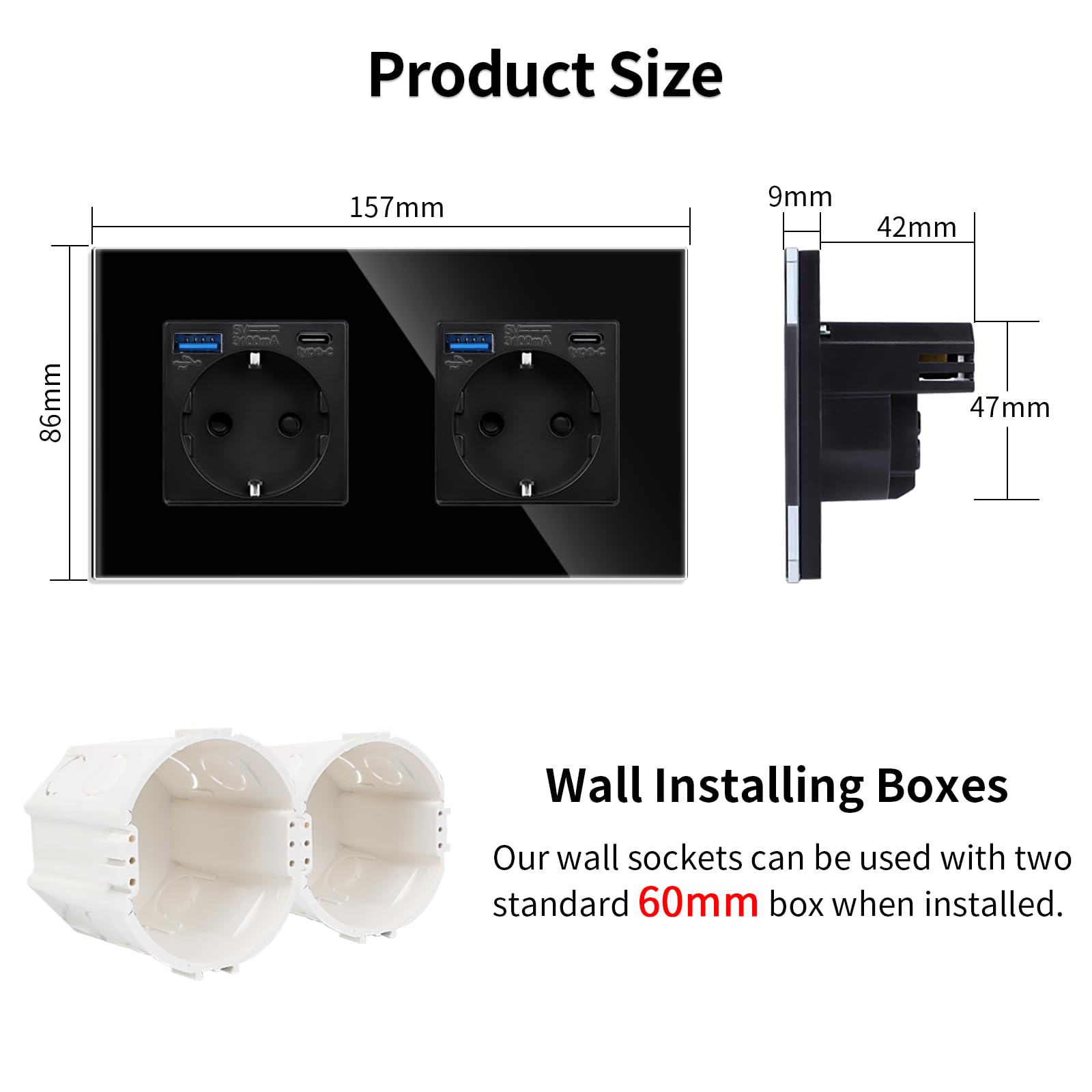 JIMEIDA Lot de 2 prises doubles avec USB en noir, prises Schuko en verre 16 A avec charge rapide, port USB et port de type C max. 3,1 A, 157 x 86 mm, 250 V, 2 prises