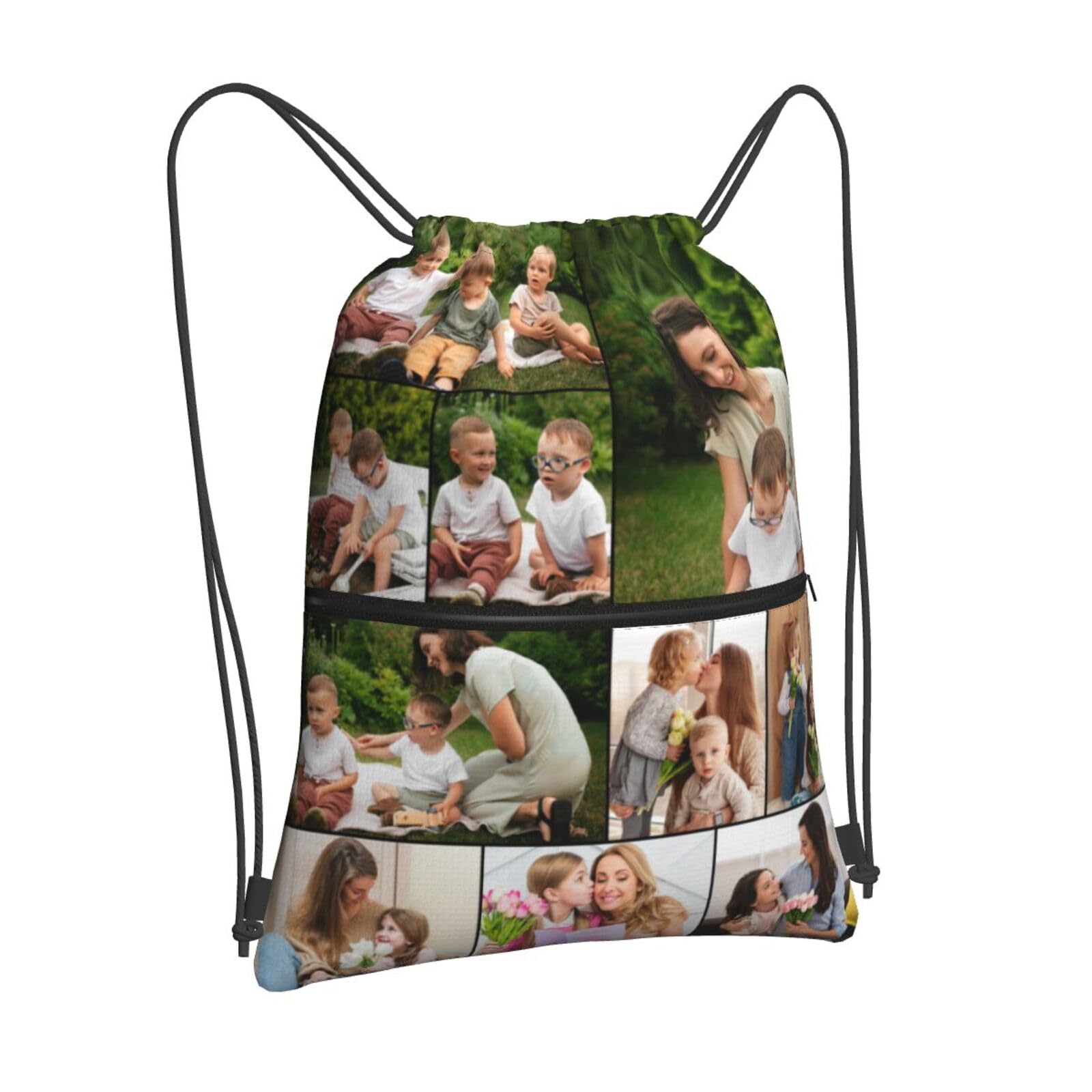 Personalised Drawstring Bag with Zip Pocket 1 to 10 Photos, Text, Logo, Name Custom Gym Bag for Adult Children Customised PE Bag for Sport, Swimming, School Birthday for Her, Him - 10 Images