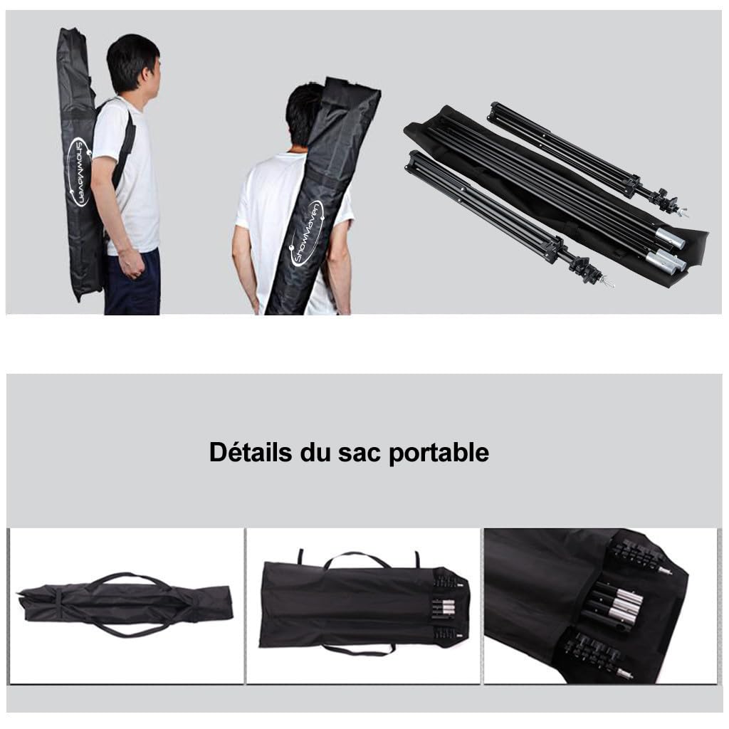 Bonnlo 2 x 3 m Support de Fond Photo, Support Toile de Fond Réglable avec 3 Pinces, Un Sac de Transport et 2 Sacs de Sable, pour Professionnel Fond Studio Photo, Photographie Portrait.