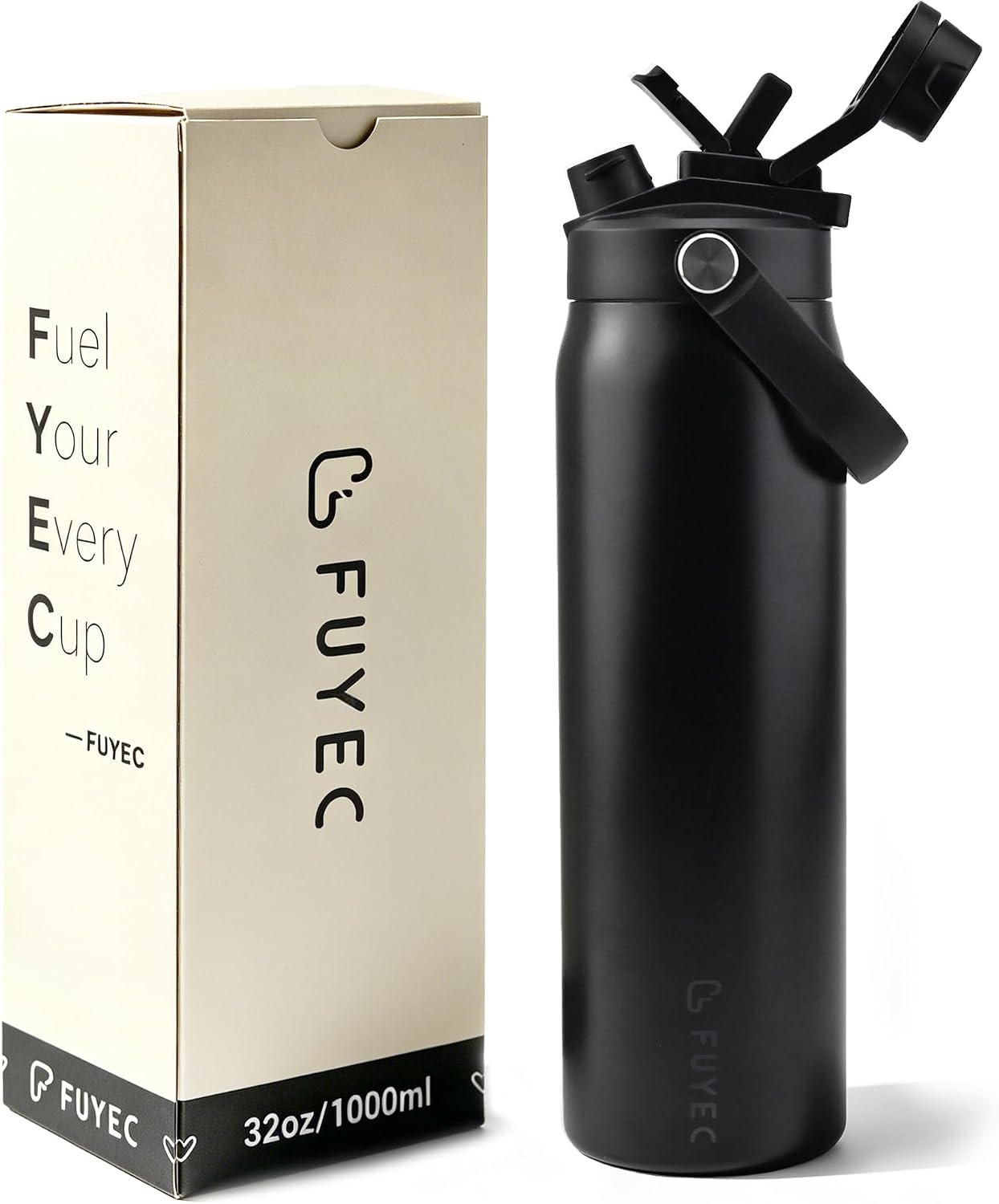 32 oz Insulated Water Bottle with 2-in-1 Straw and Spout Lid, Cup Holder Friendly Stainless Steel Dual Sip Reusable Cup, Leakproof Double Wall Vacuum Keeps Cold 24H (Eclipse Black, 32OZ)