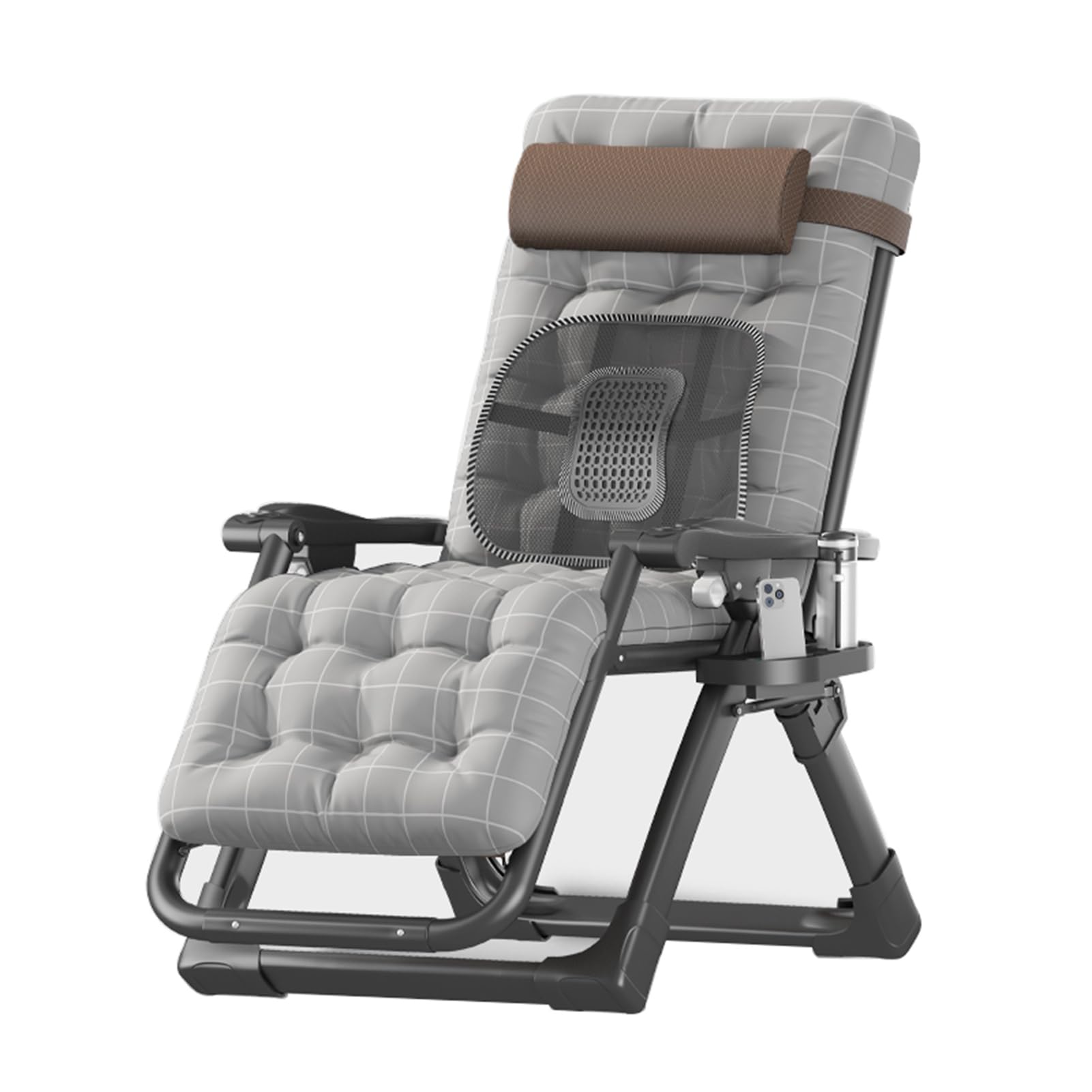 WOTZOV Chair, Reclining Patio Chairs, Balcony Sun Loungers, Reclining Patio Lounger Chair, Folding Portable Chaise With Detachable Headrest And Cup Holder，Grya Mat