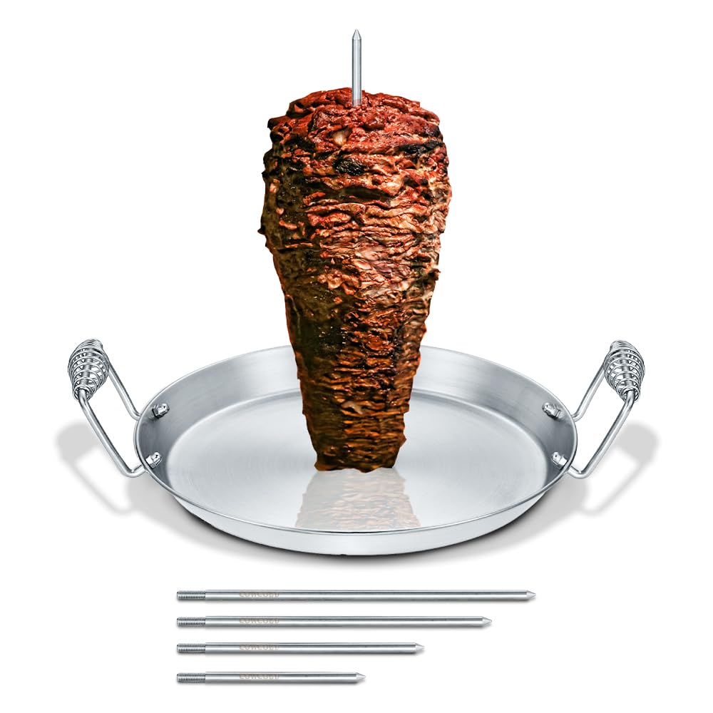 CONCORD Stainless Steel Vertical Al Pastor Skewer with Plate for Outdoor BBQ Grills. Great for Tacos, Gyro, Shawarma, Whole Chickens and More! Includes 5 Skewers