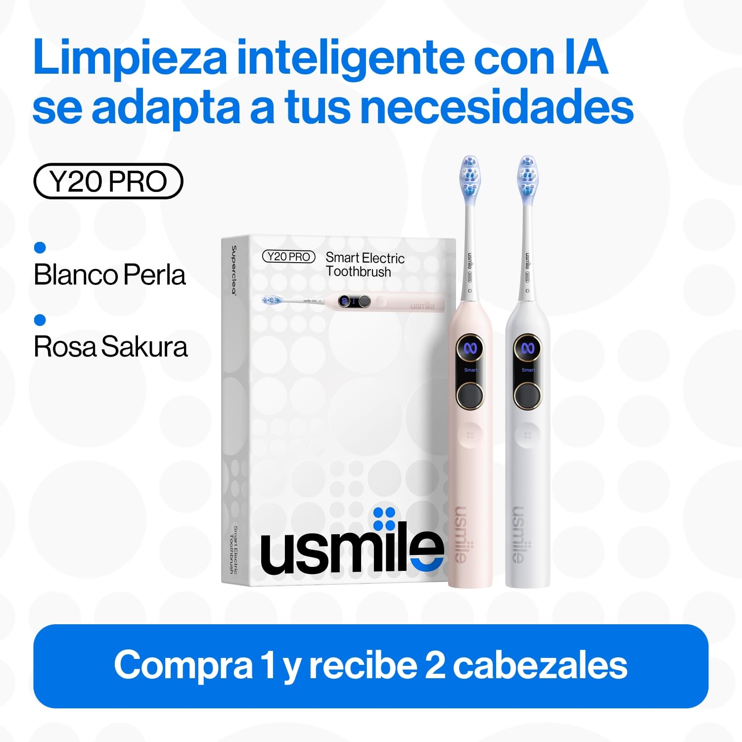 Cepillo de dientes eléctrico usmile Y20PRO, cepillo inteligente con alimentación AI con modo automático AM/PM, 4 modos de cepillado, batería de 90 días, control por aplicación, mapa 3D en tiempo real