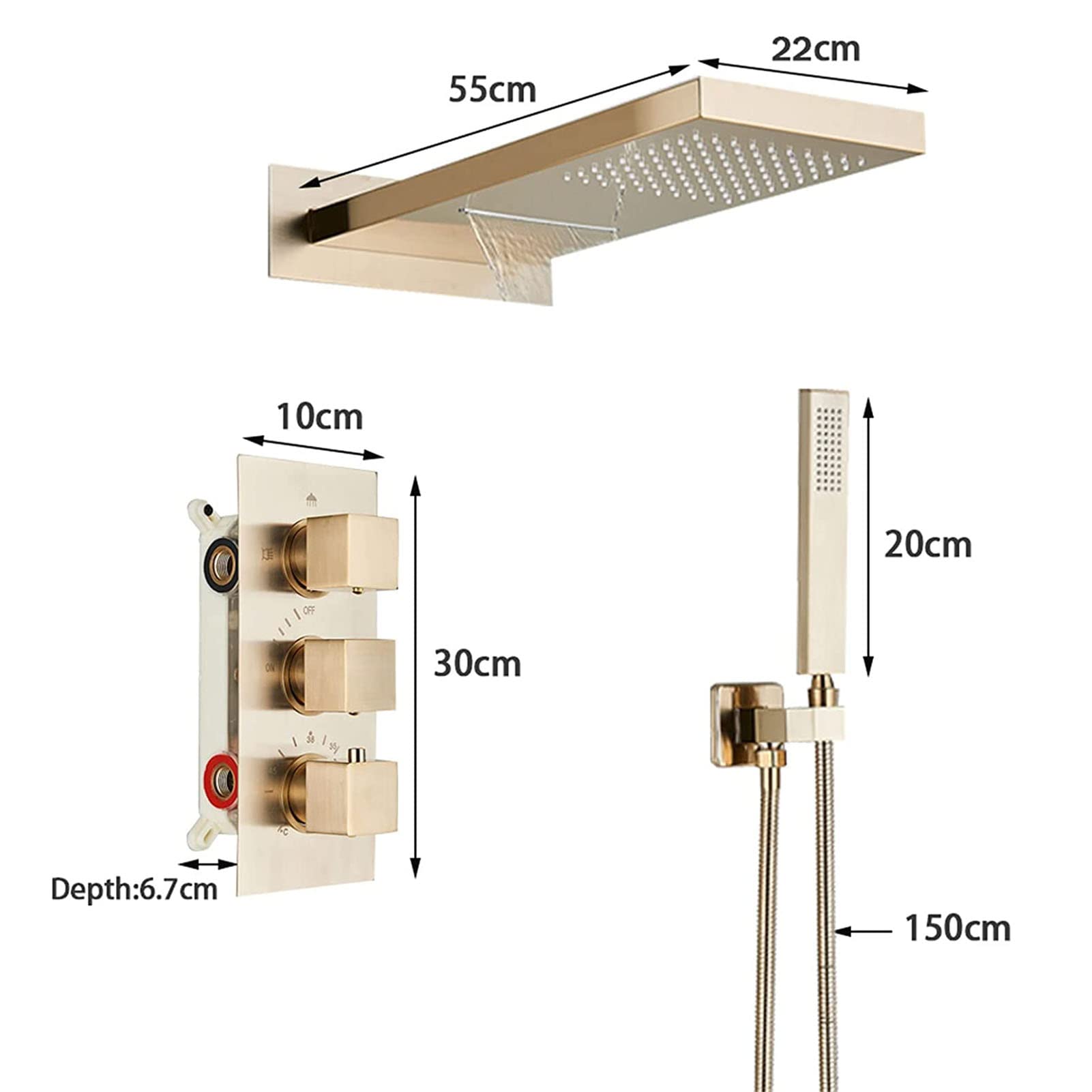 Termostatyczny system prysznicowy ze szczotkowanego złota, 3-funkcyjny zestaw prysznicowy z głowicą prysznicową z opadami deszczu 55 x 22 cm i ręcznym opryskiwaczem nowoczesny zestaw prysznicowy