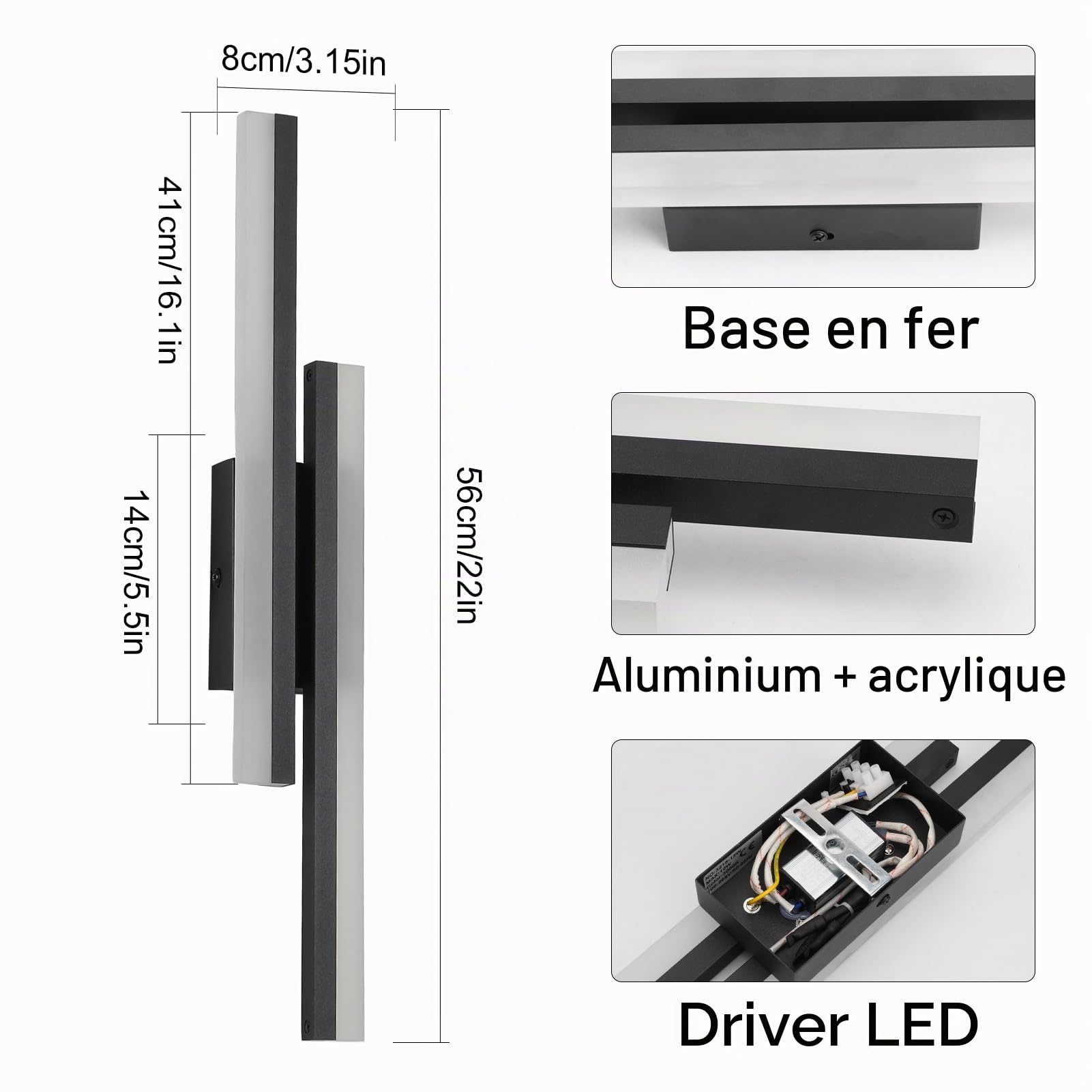 Klighten Applique Murale Interieur 56cm, 12W 1250LM Lampe Murale LED Mordern, Appliques Interieur Longue, Lumière mural pour Chambre Salon Couloir Escalier, Blanc Chaud 3000K, Noir