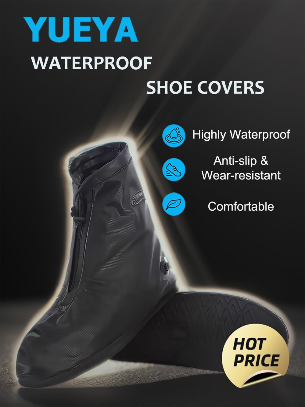 YUEYA Waterproof Shoe Covers for Rain, Non-Slip Overshoes with Zipper, Reusable Shoe Protectors for Bicycling and Outdoor Activities, Washable Rain Boots for Men, Women and Kids (Black, XXXL)