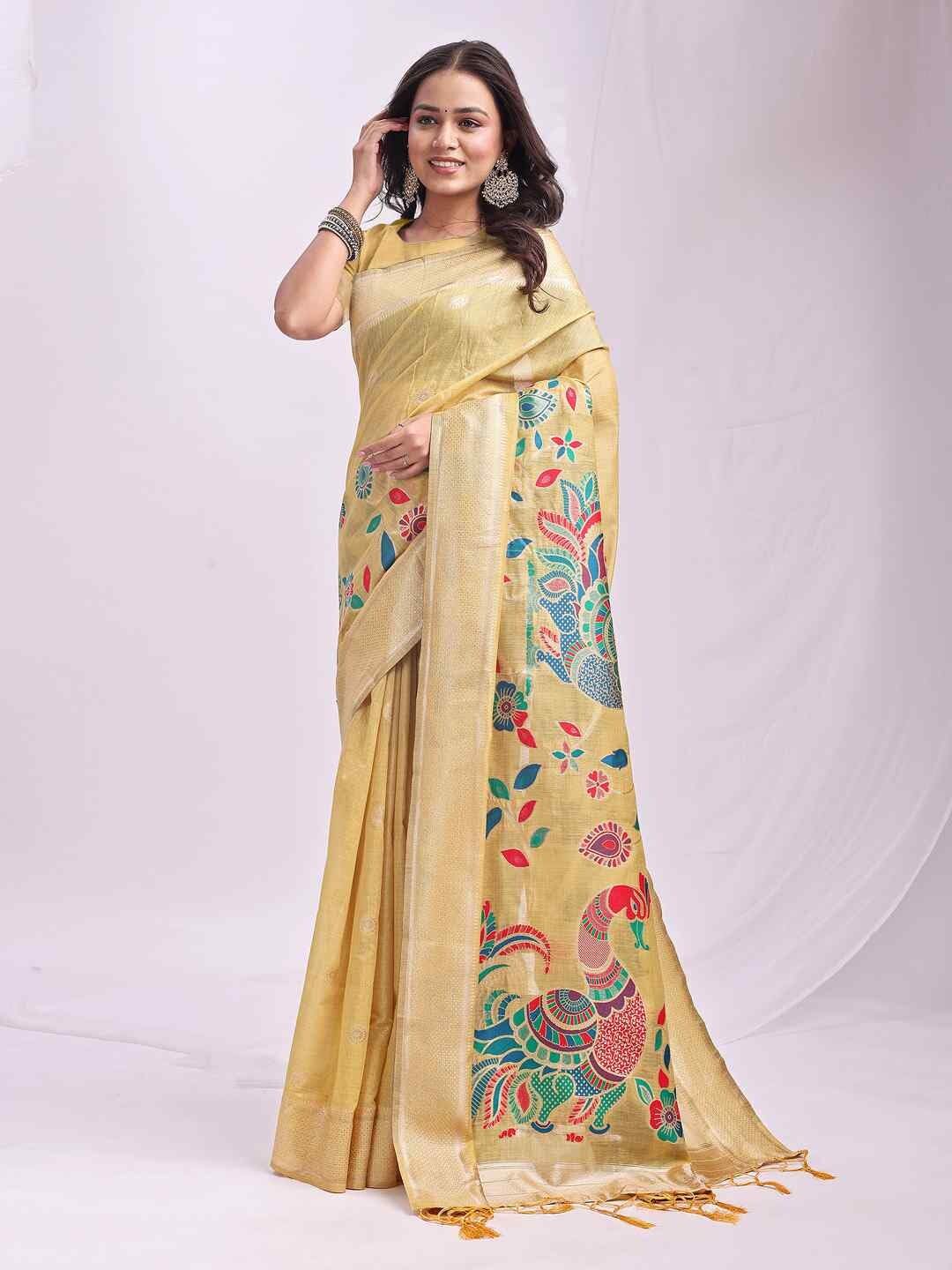 Shiv Textiles Women's Linen Cotton Peacock Pallu & Zari Border Saree(AUS-ASMRN1002-YELLOW) 1