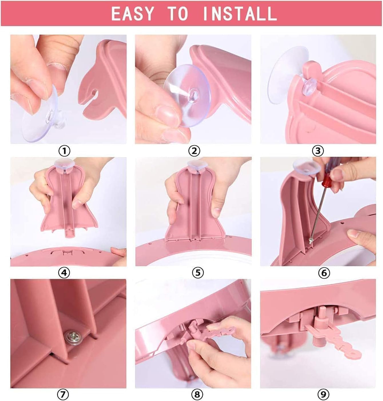 Step-by-step visual guide for assembling the knitting machine, showing attachment of suction cups, legs, and screws.