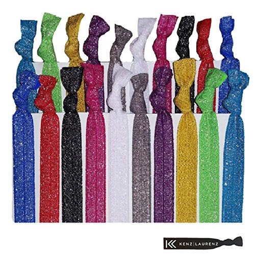 Hair Ties Ponytail Holders - 20 Pack"Shimmer and Glitter" No Crease Ouchless Elastic Styling Accessories Pony Tail Holder Ribbon Bands - By Kenz Laurenz