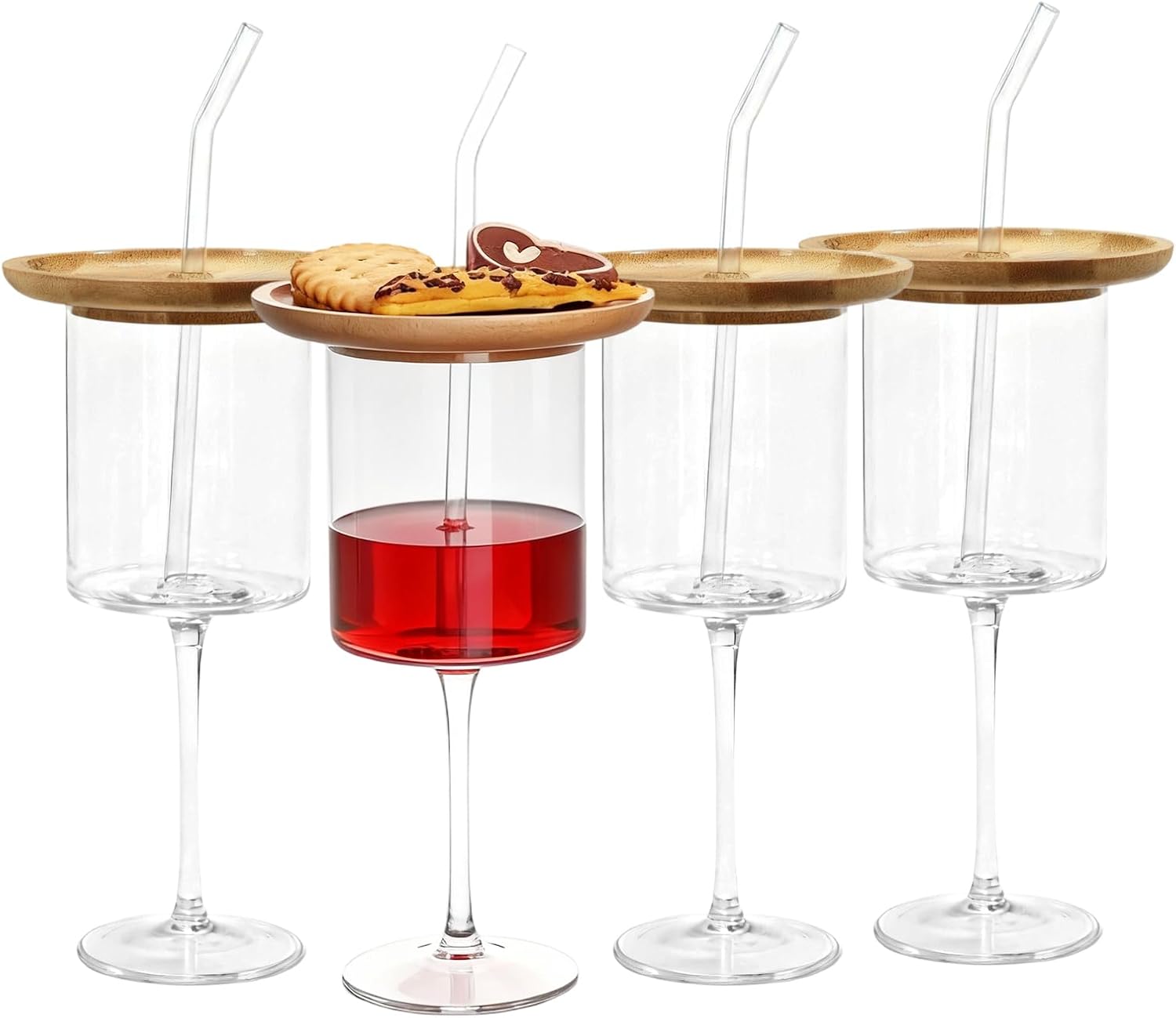 Wine Glasses with Charcuterie Topper: Set of 4 Clear 13.5 oz Reusable Long Stem Glass Cups with Bamboo Lids & Straws for Red Wine Iced Coffee Latte Tea Matcha