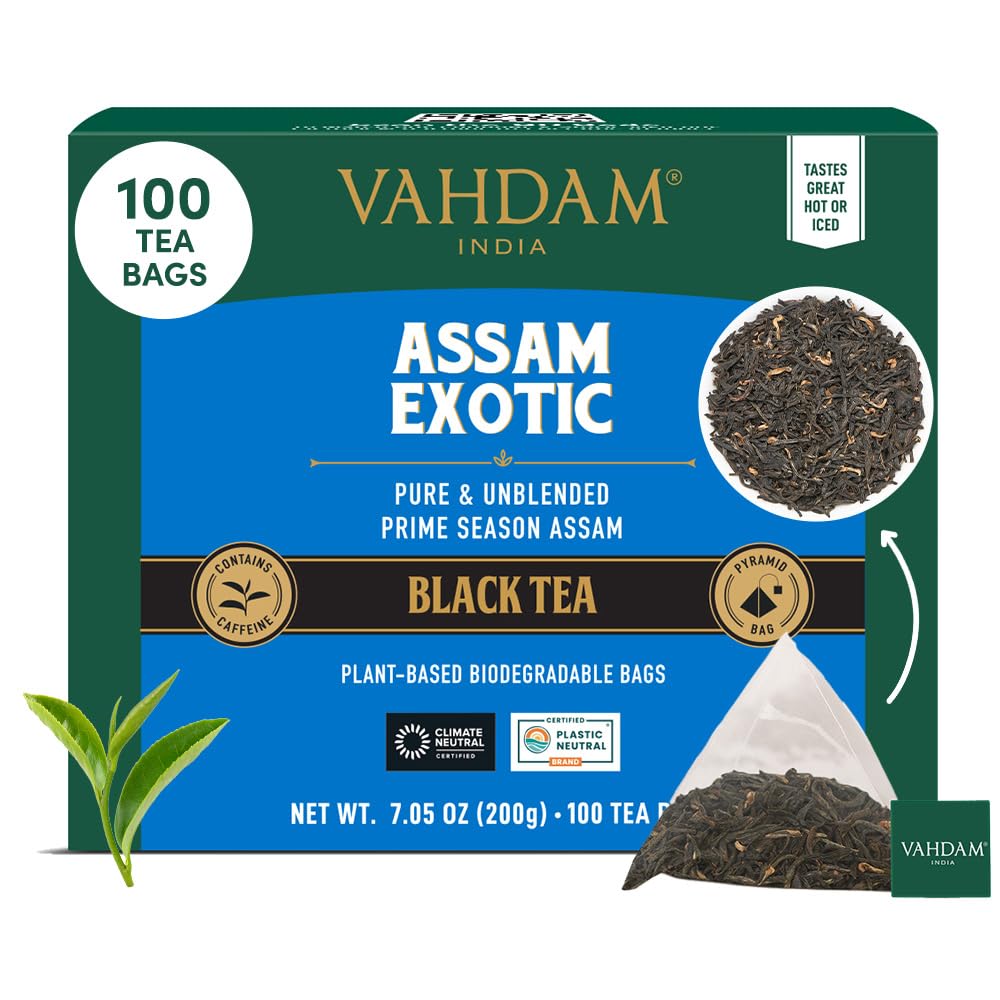 Assam Exotic Black Tea Bags (100 Count) High Caffeine, Gluten Free, Full Bodied | Pyramid Tea Bags | Strong, Robust & Flavoury | Direct from Source