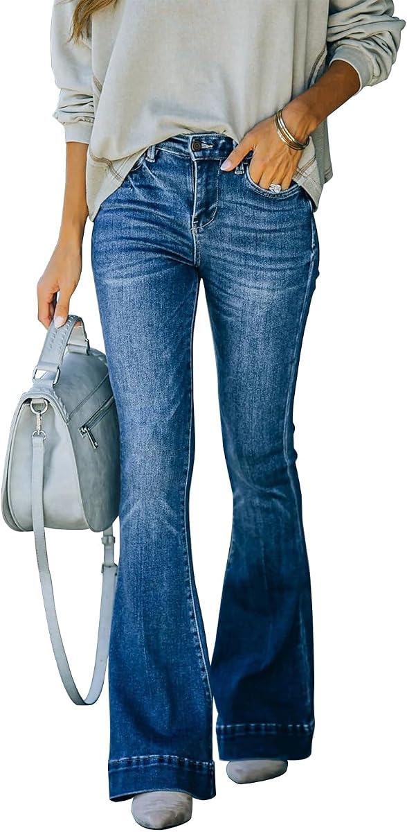 KUNMI Pantalones vaqueros elásticos de talle alto y pierna ancha con corte de bota para mujer