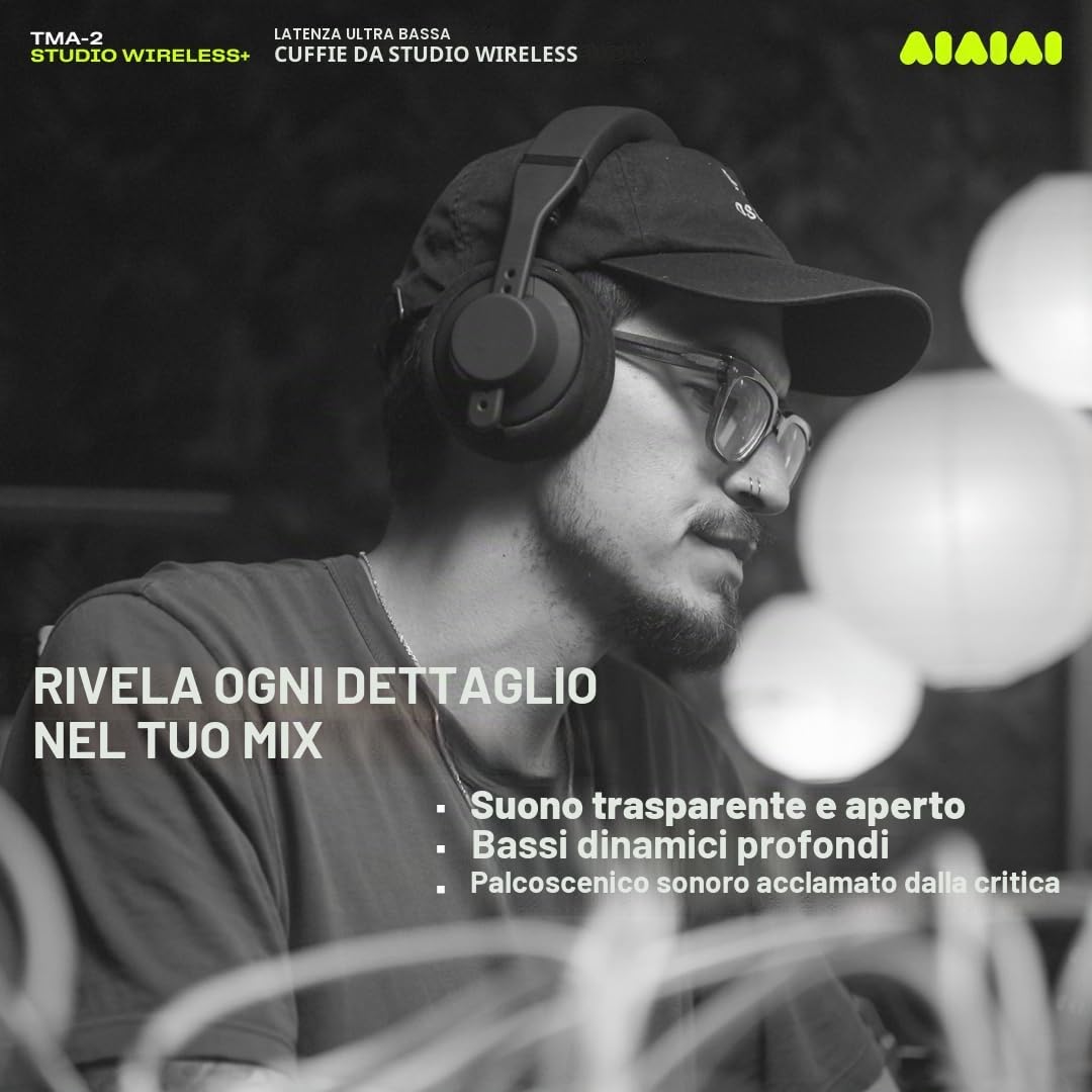 AIAIAI TMA-2 Studio Wireless+ cuffie professionali con audio wireless non compresso a latenza ultra bassa, cuscinetti over-ear in memory foam, Bluetooth integrato e cavo spiralato rimovibile